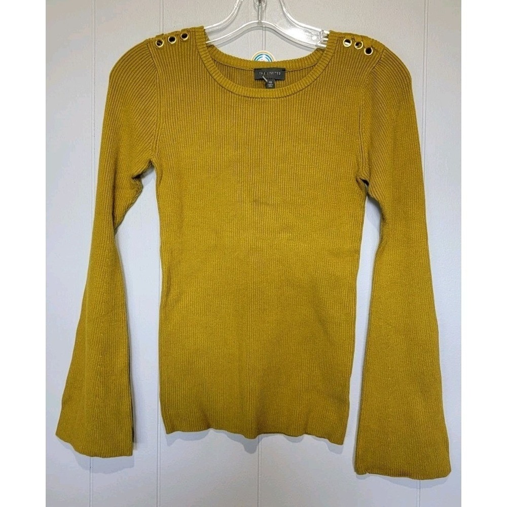 The Limited Mustard Yellow Ribbed Knit‎ Bell Sleeve Grommet Shoulder Sweater XS